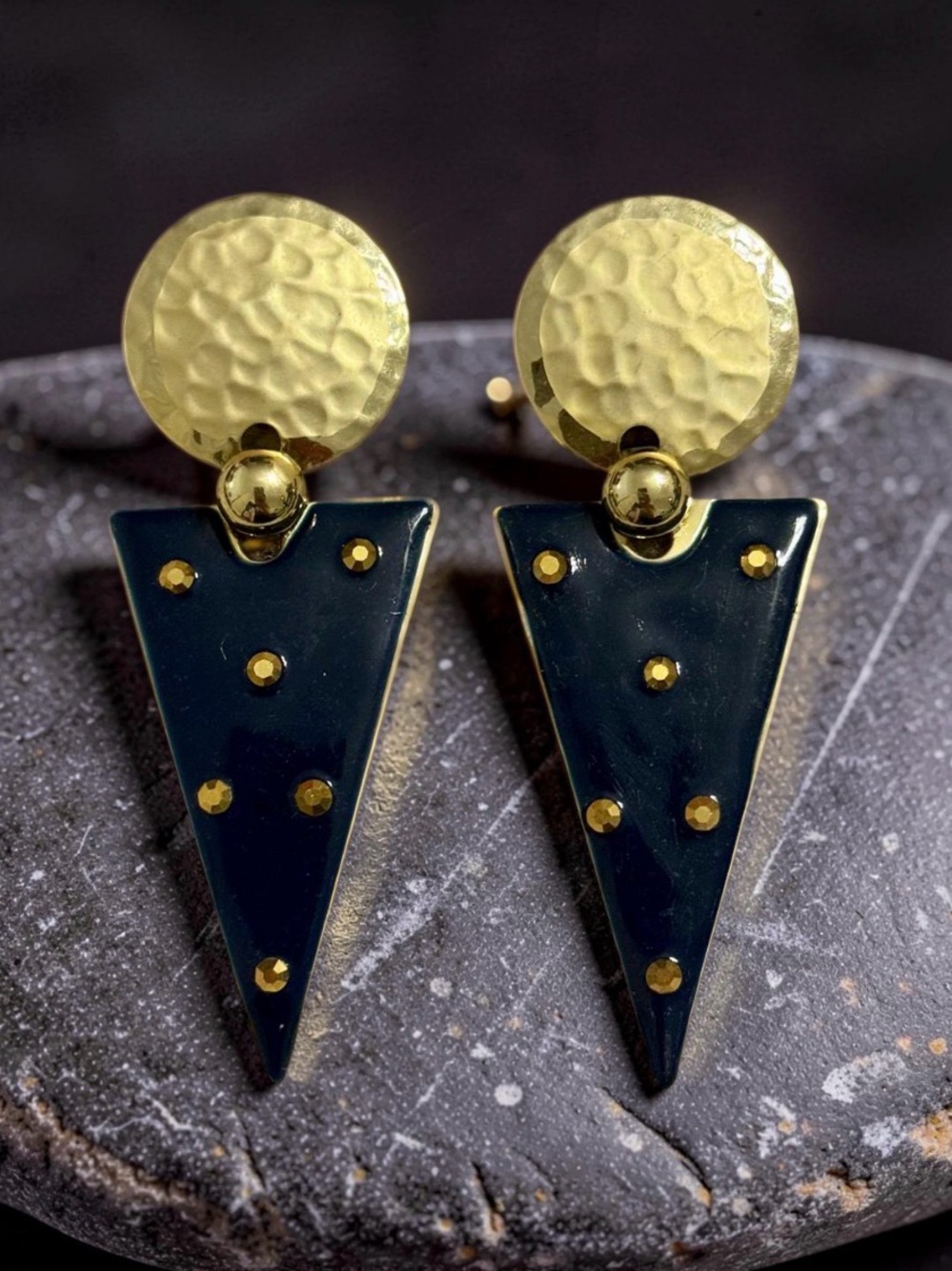 Vintage Gold & Dark Navy Triangle Drop Clip-On Earrings